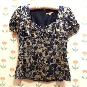 Nanette Lepore silk zip-back blouse deep blue floral Sz 2